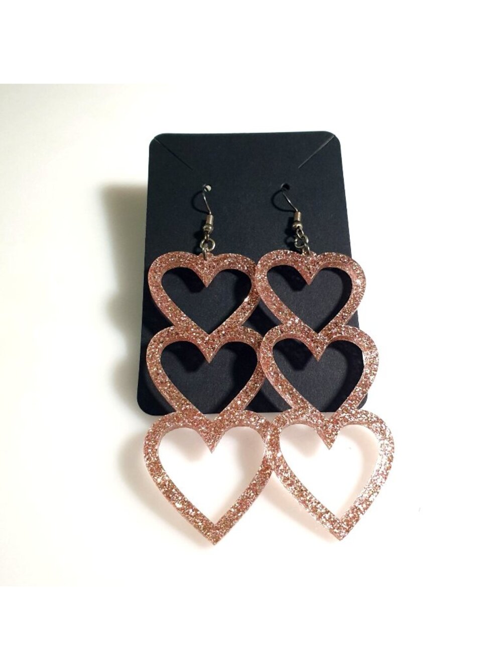 Sparkling Rose Gold Glitter Heart Dangle Earrings Acrylic Statement Jewelry 4 In